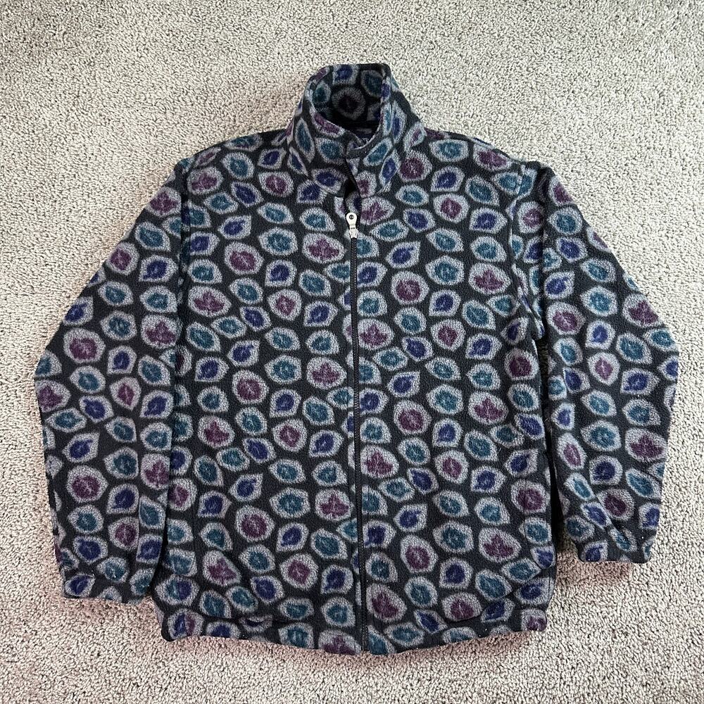VINTAGE Lands' End Jacket Womens M Black Fleece Autumn Leaves Full Zip USA Made